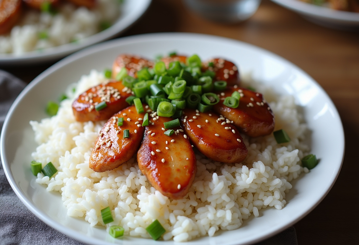 Assiette servie de Poulet Teriyaki et Riz sur Plaque de Cuisson, garni de graines de sésame et d'oignons verts.