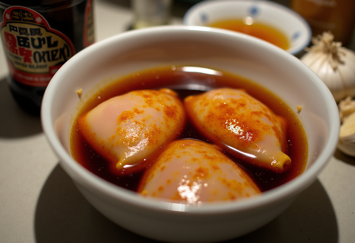 Poulet en train de mariner dans une sauce teriyaki maison pour la recette de Poulet Teriyaki et Riz sur Plaque de Cuisson.