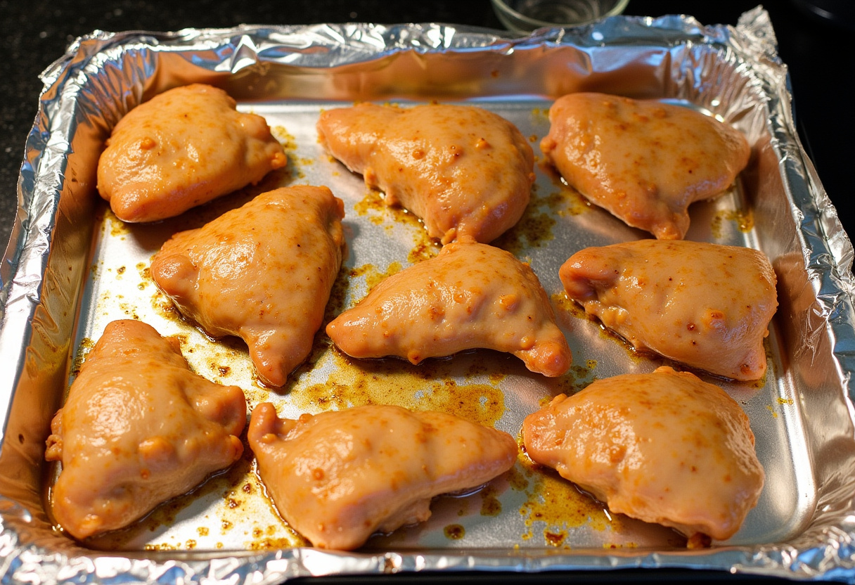 Poulet teriyaki disposé sur une plaque de cuisson pour la cuisson au four.
