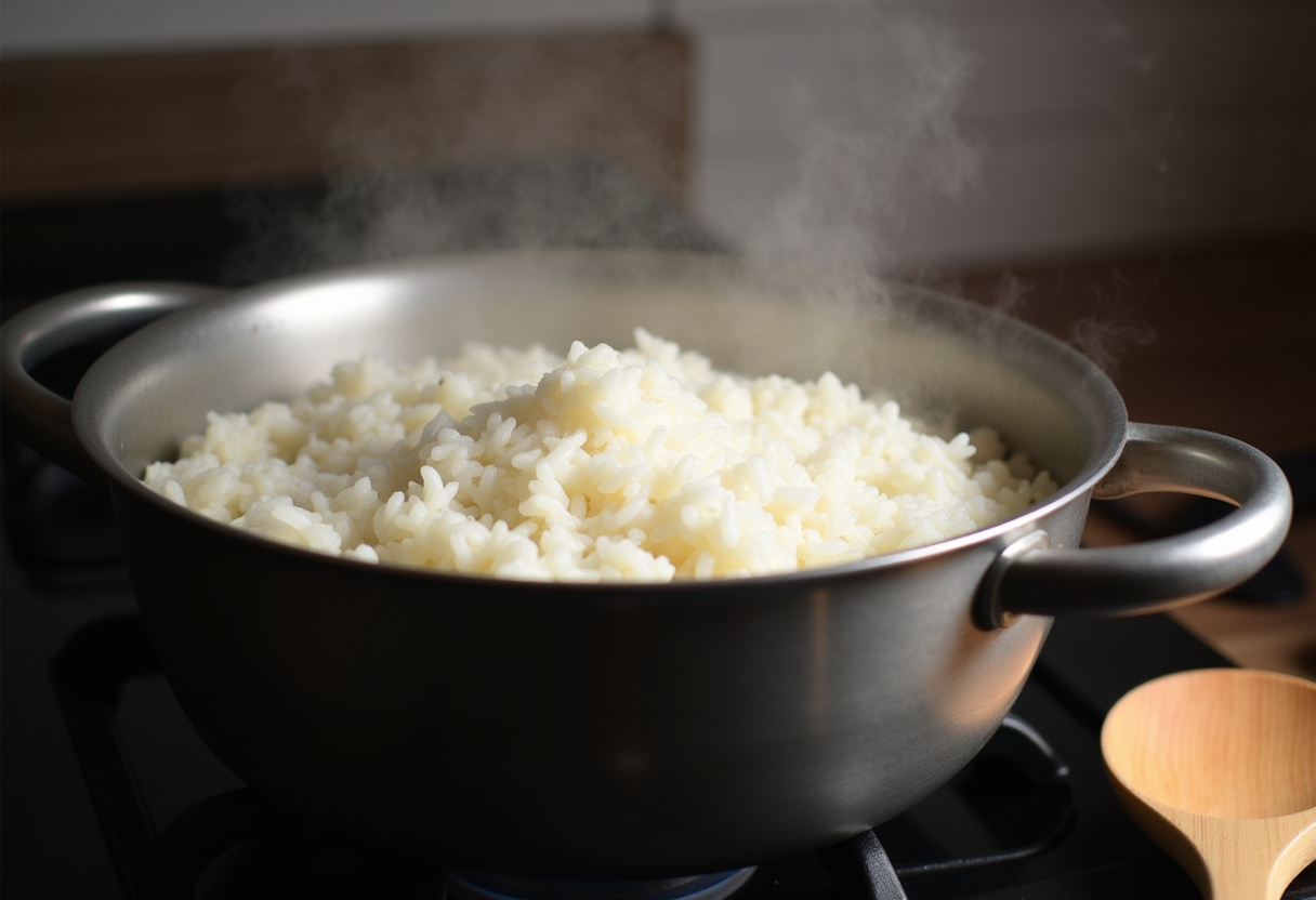 Riz blanc en train de cuire à la casserole pour accompagner le Poulet Teriyaki.