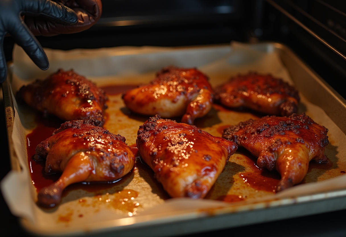 Poulet teriyaki cuit et caramélisé sortant du four pour la recette.
