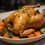 Poulet rôti doré sur un plat de service avec des légumes rôtis, prêt à être dégusté.