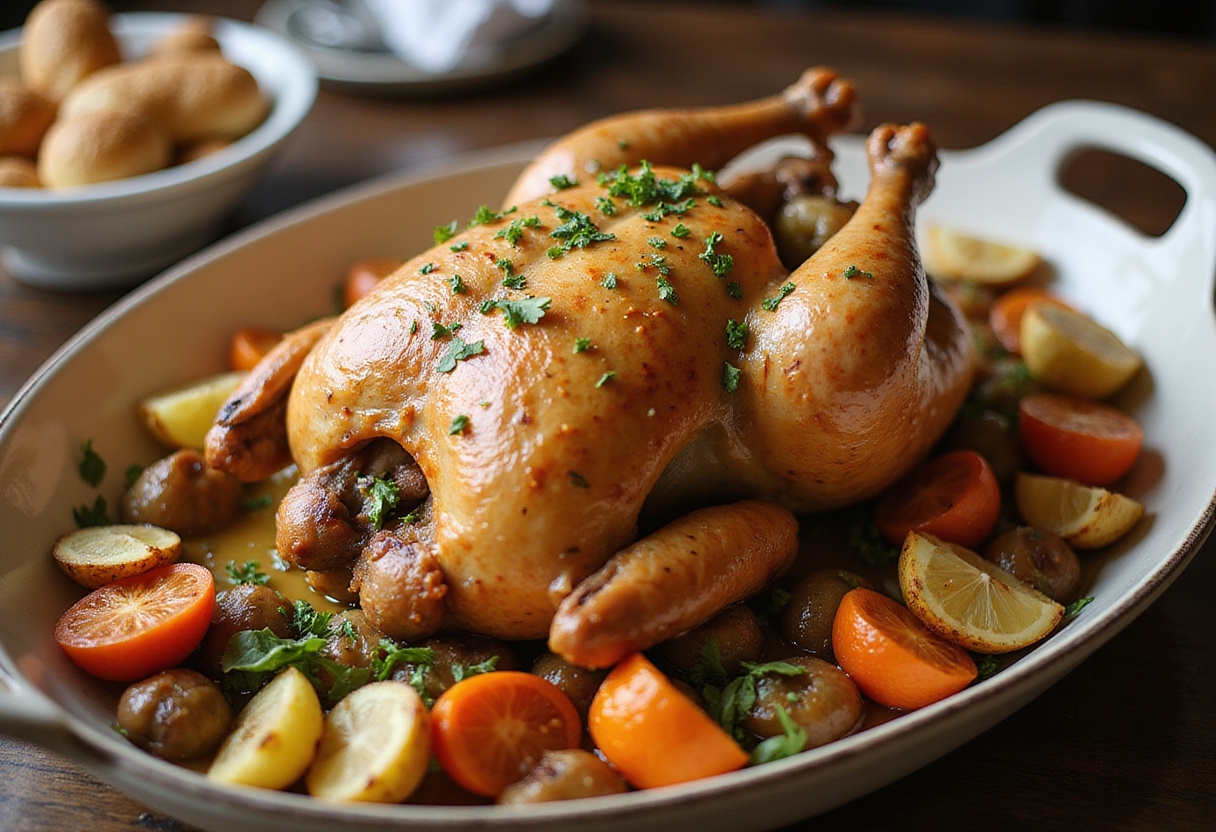 Poulet rôti doré sur un plat de service avec des légumes rôtis, prêt à être dégusté.