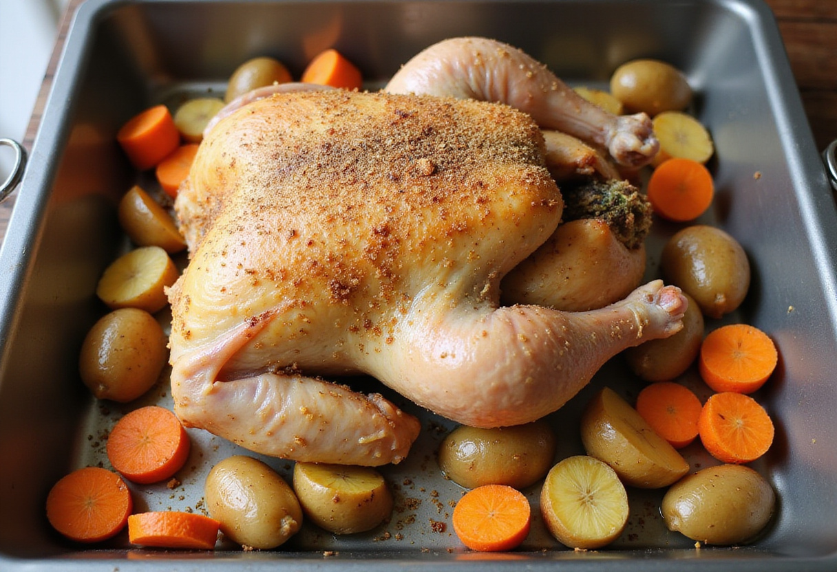 Poulet assaisonné dans un plat de cuisson avec des légumes tranchés pour le poulet au four.