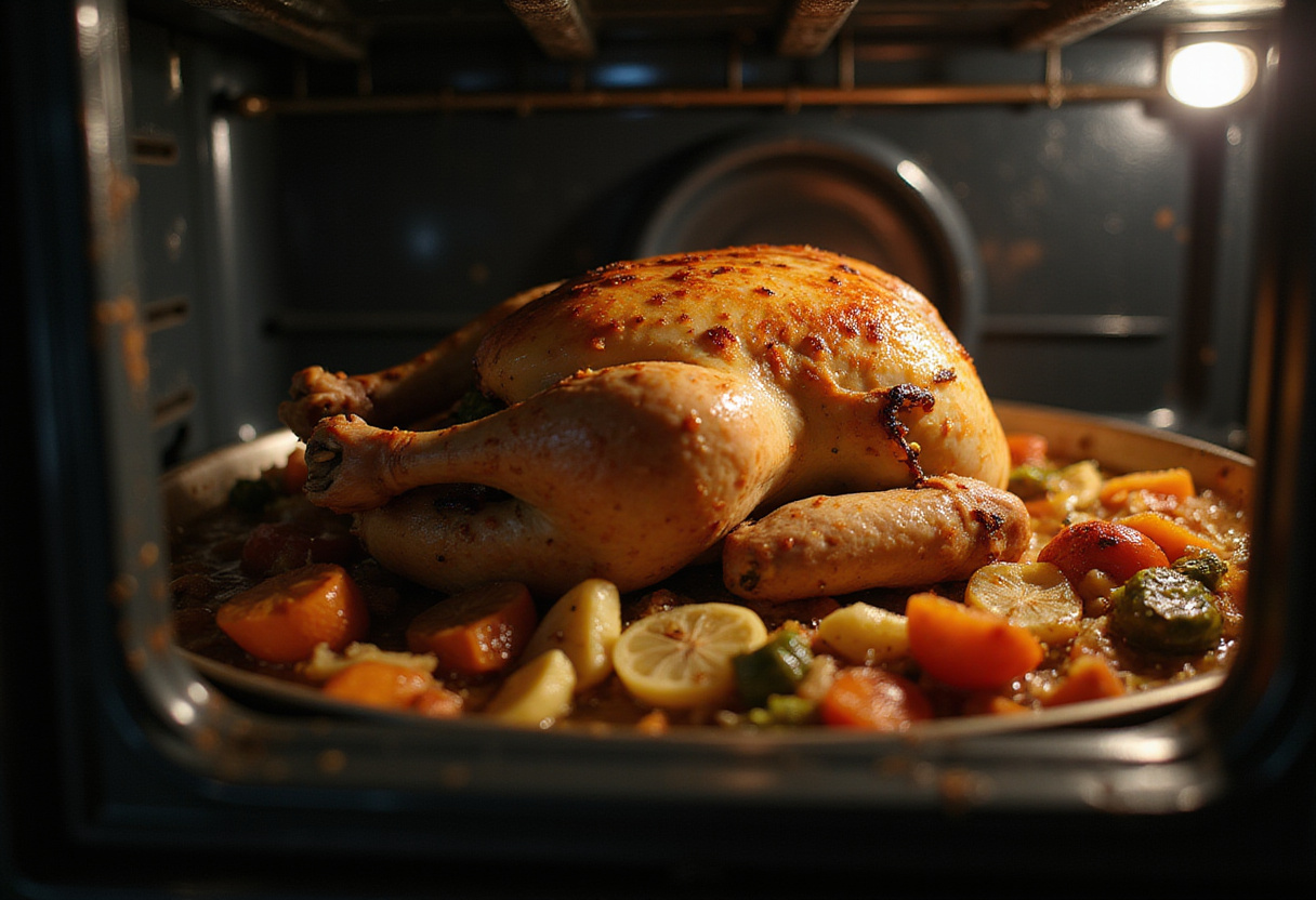 Poulet doré en train de cuire au four avec des légumes caramélisés, prêt à être servi.
