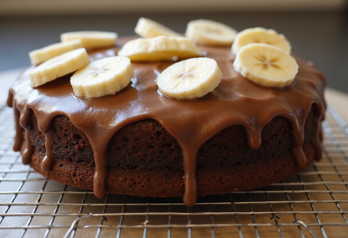 Finished Gâteau Banane Chocolat with frosting and banana slices, ideal for dessert.