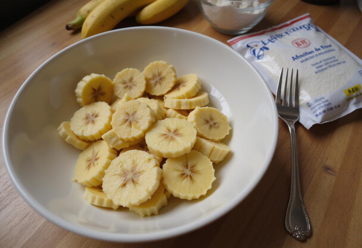 Bananas mashed in a bowl for the easy and quick banana chocolate cake recipe.