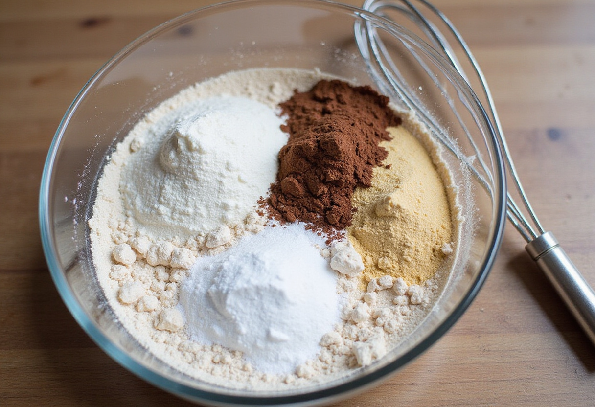 Dry ingredients mixed together for Gâteau Banane Chocolat preparation.
