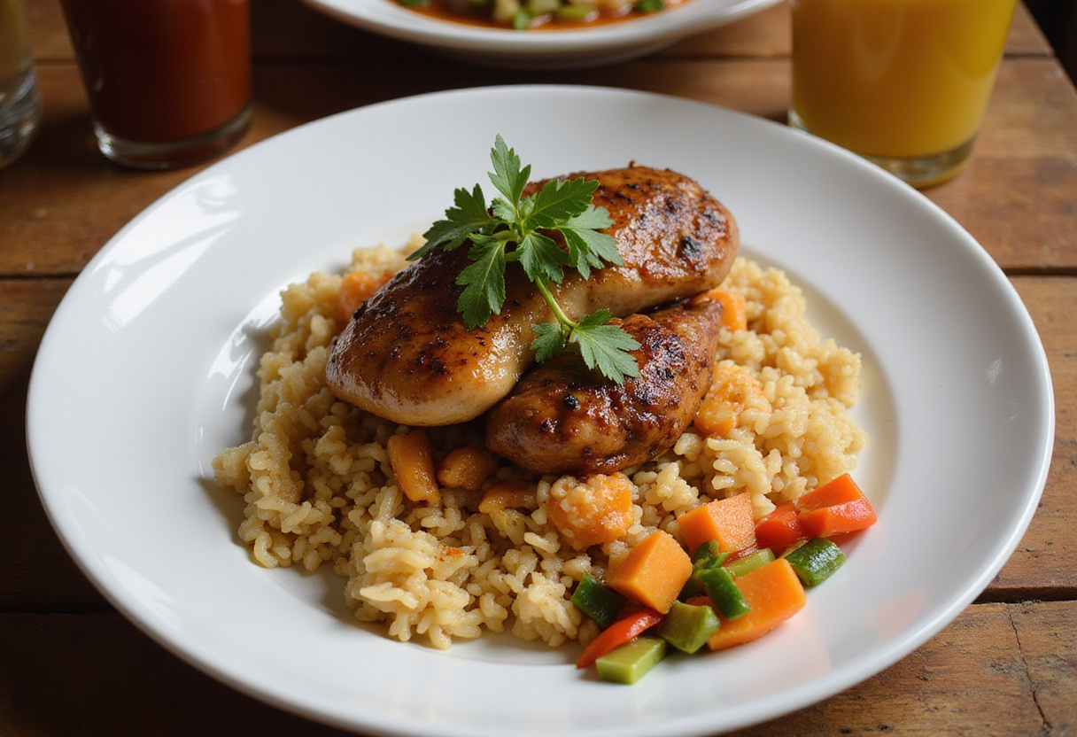 Delicious Mafé Poulet served with rice, colorful vegetables, and garnished with herbs, perfect for a comforting meal.