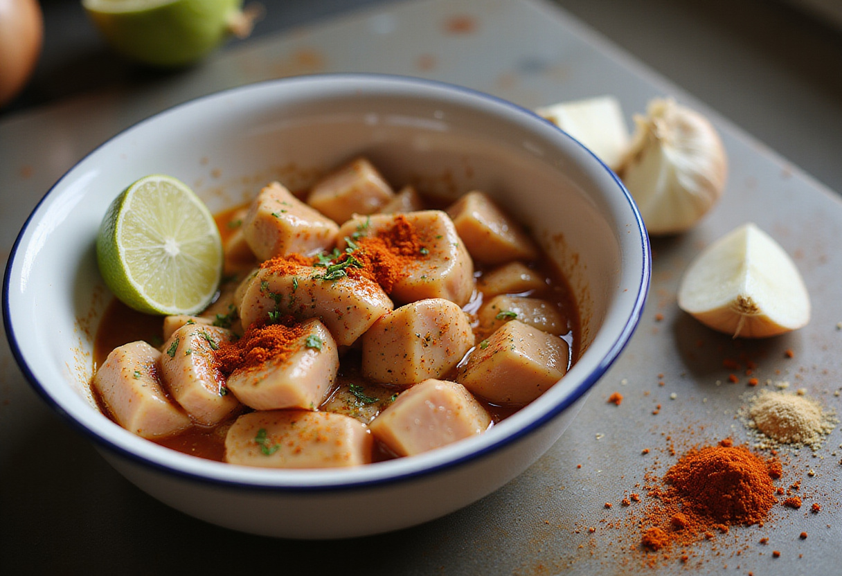 Marinated chicken cubes for Mafé Poulet ready to cook with spices and fresh ingredients.