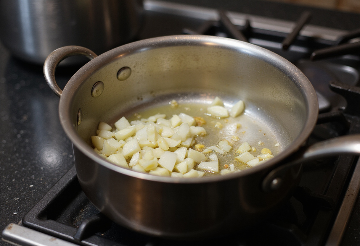 Sautéing onions and garlic in oil for Mafé Poulet, creating a flavorful base for the dish.