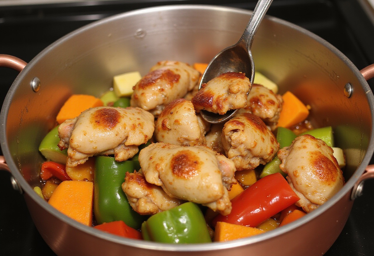 Adding marinated chicken to the pot for Mafé Poulet, surrounded by vibrant vegetables.