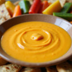 Sauce cheddar finie, servie avec une variété de collations colorées pour embellir un repas.