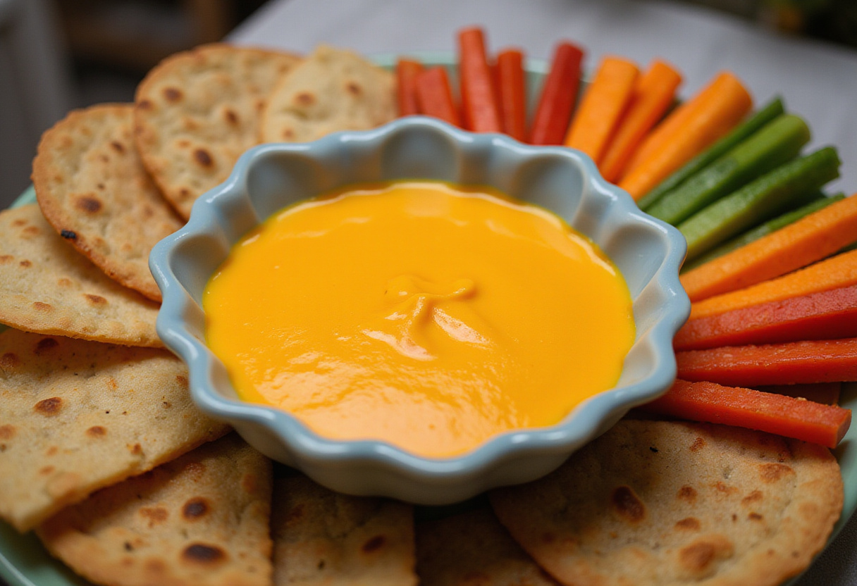 Sauce cheddar finie, servie avec une variété de collations colorées pour embellir un repas.