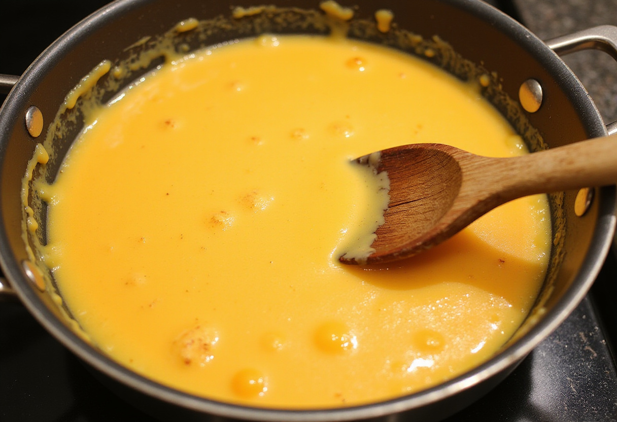 Fromage cheddar en train de fondre dans une casserole pour la sauce cheddar facile et rapide.