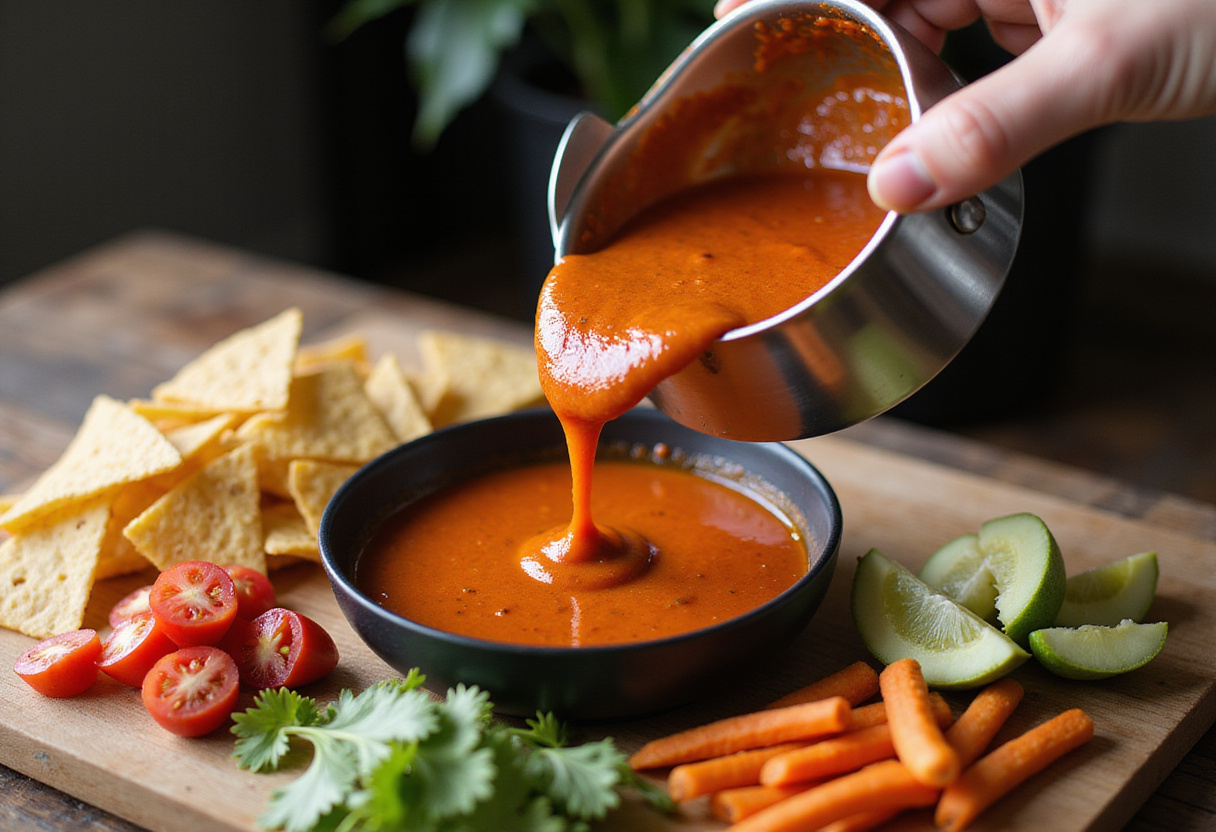 Sauce cheddar versĂ©e dans un bol de service, prĂȘte Ă ĂȘtre dĂ©gustĂ©e avec des nachos et des lĂ©gumes.