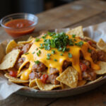 Final presentation of nachos topped with cheddar sauce, perfect for a snack or party.