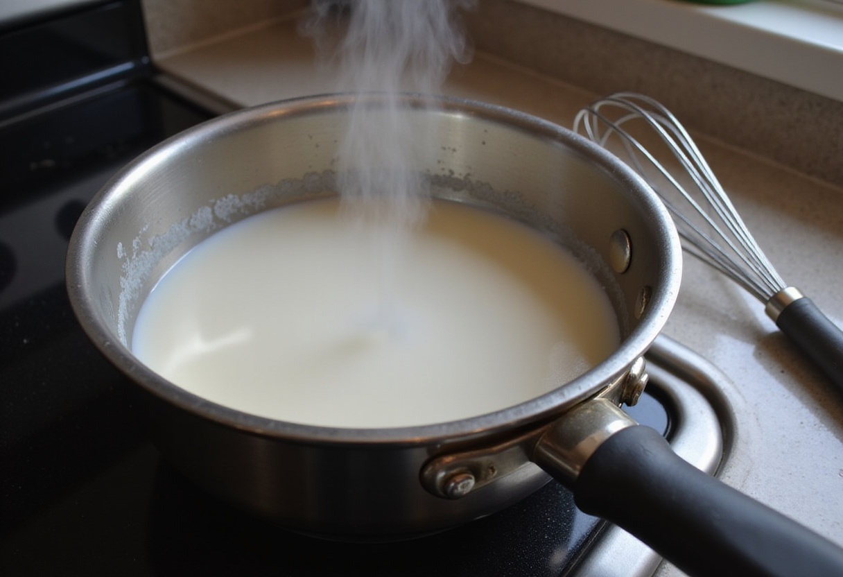 Heating milk in a saucepan for cheddar sauce preparation.