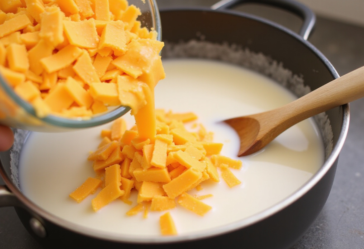 Adding shredded cheddar cheese to warm milk for making cheddar sauce.