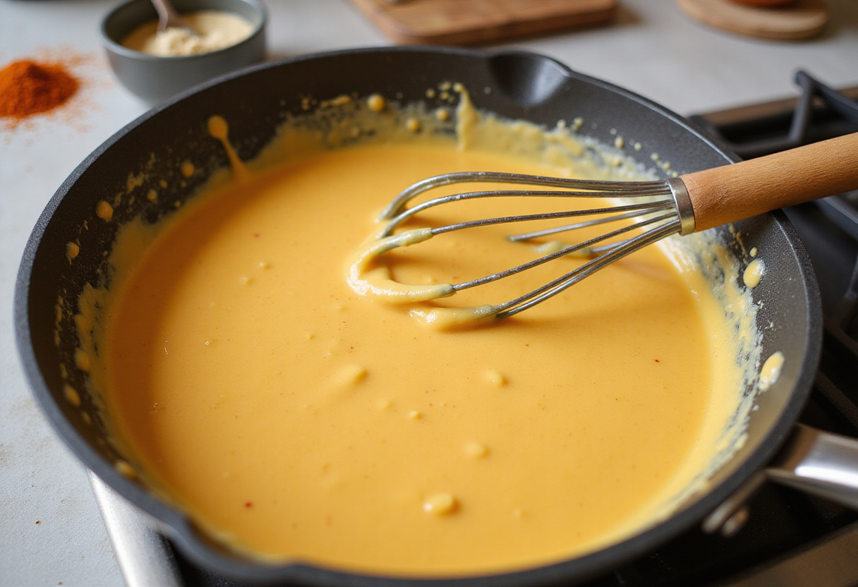 Creamy cheddar sauce being stirred in a saucepan with seasonings for flavor enhancement.