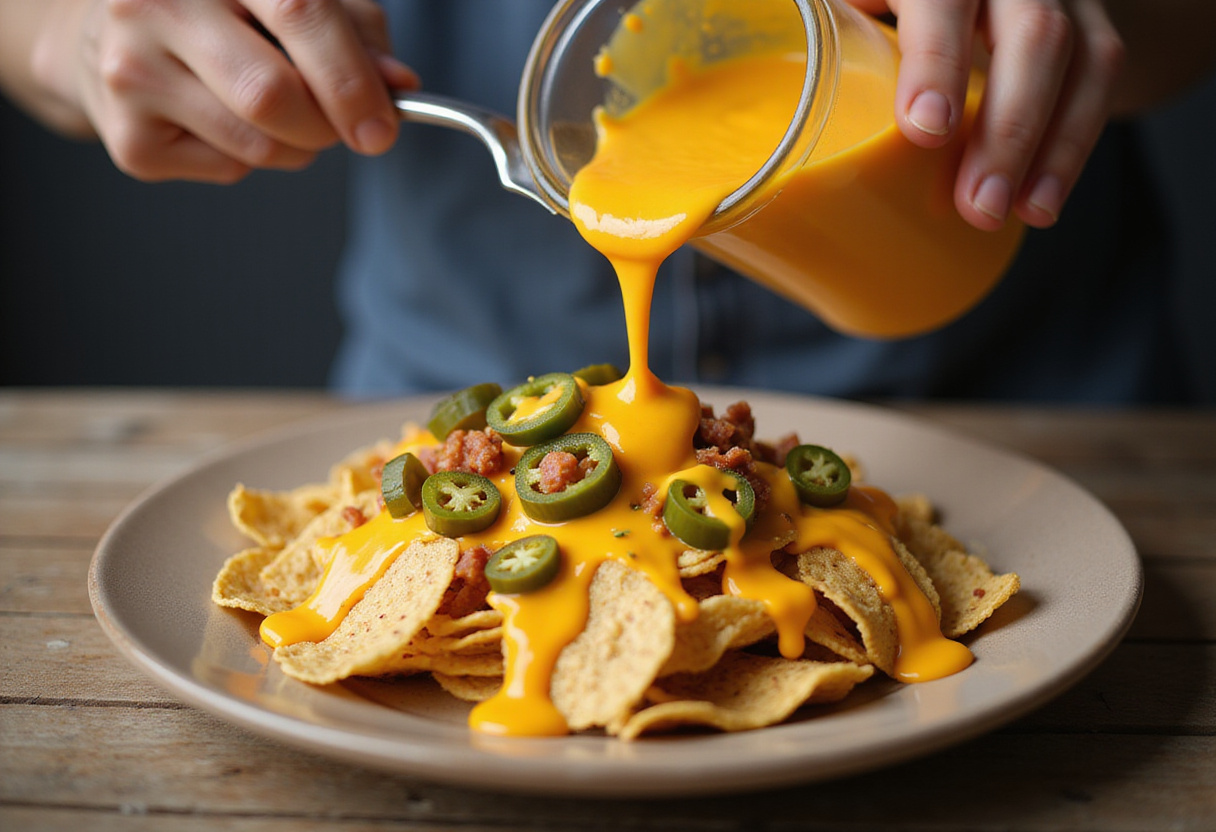 Cheddar sauce being poured over nachos, ready for serving with various toppings.