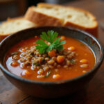 Soupe riche aux lentilles et légumes servie dans un bol avec du pain frais, garnie de persil.