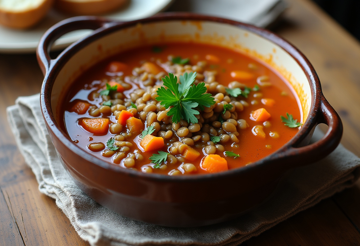 Soupe riche aux lentilles et légumes servie dans un bol avec du pain frais, garnie de persil.