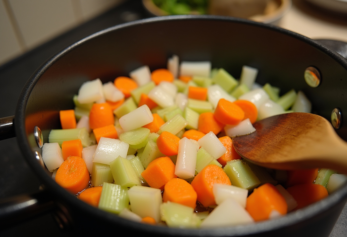 Oignons, carottes et céleri sautés dans de l'huile d'olive pour une soupe riche aux lentilles et légumes.