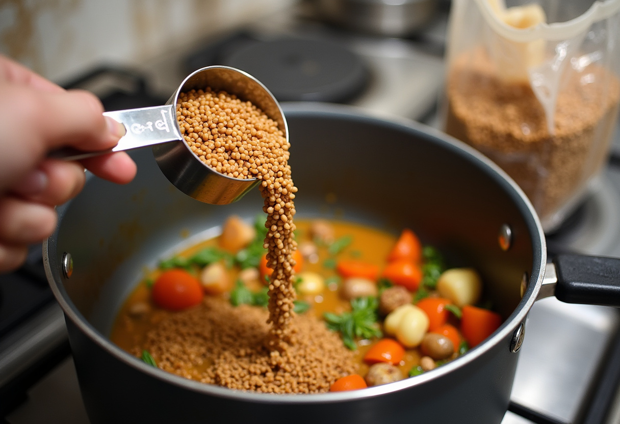 Lentilles séchées ajoutées aux légumes sautés pour préparer la soupe aux lentilles.