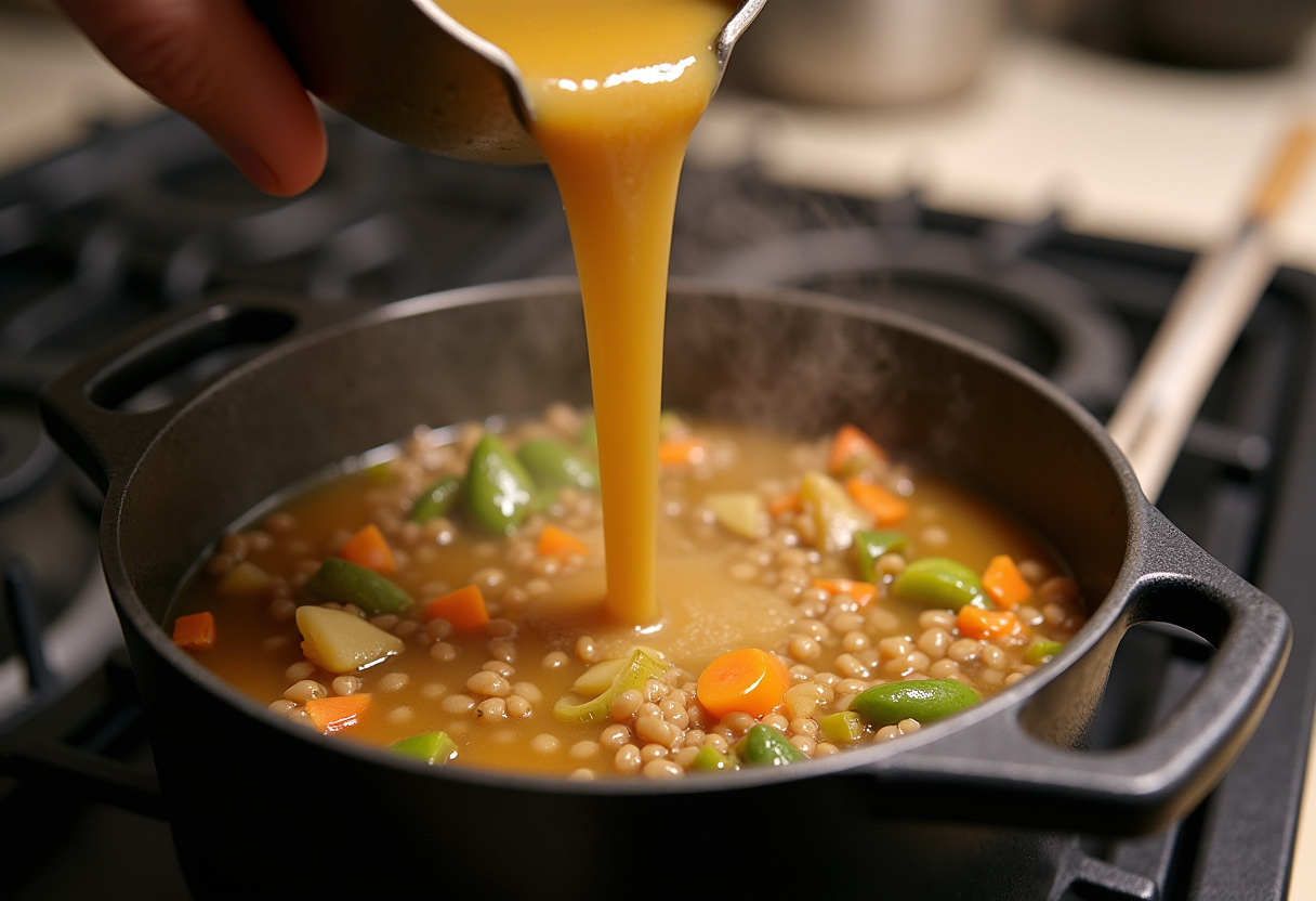 Bouillon de légumes versé dans la marmite avec les lentilles et les légumes pour la soupe.