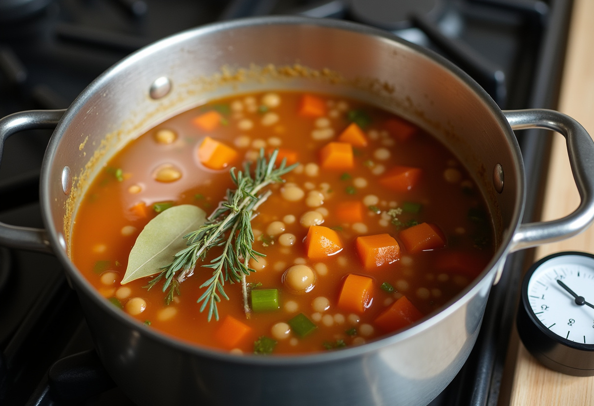 Soupe aux lentilles et légumes mijotant sur la cuisinière avec des herbes aromatiques.