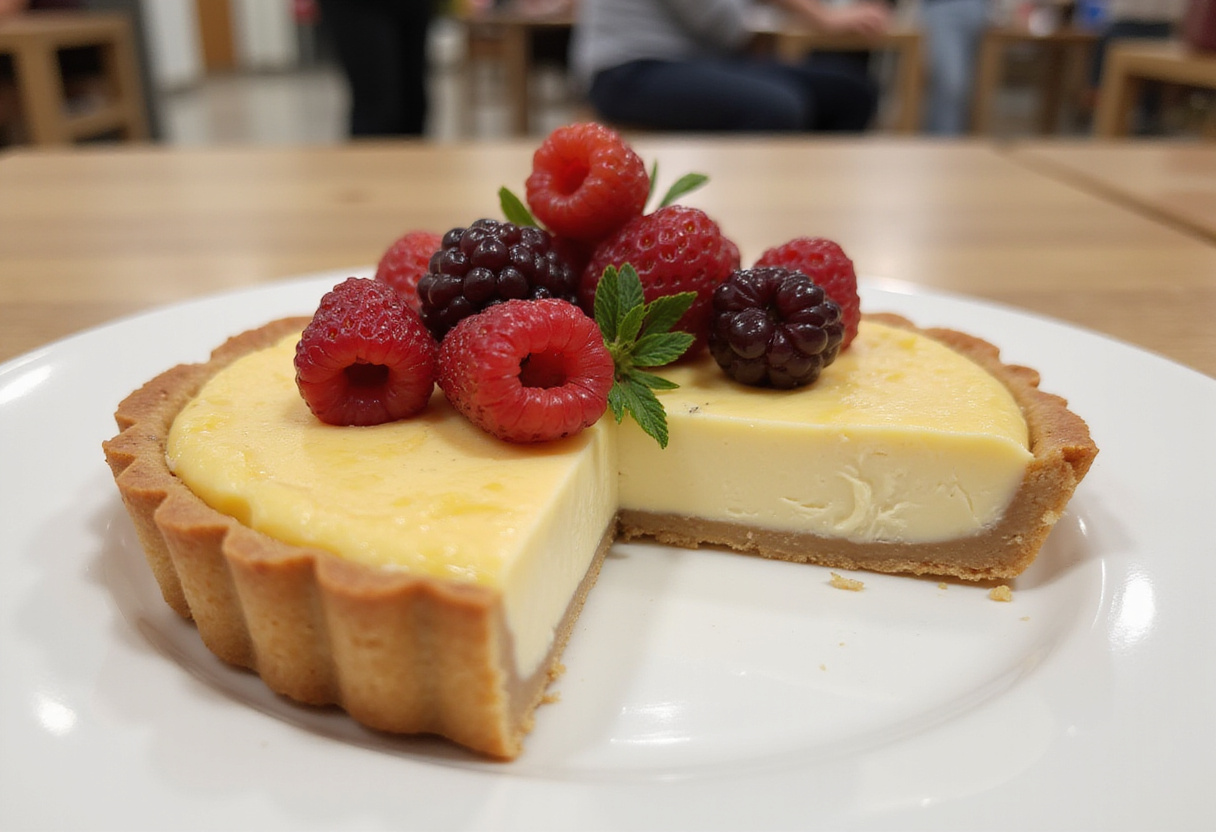 Tarte Au Fromage tranchée servie sur une assiette, ornée de fruits rouges frais, idéale pour le dessert.
