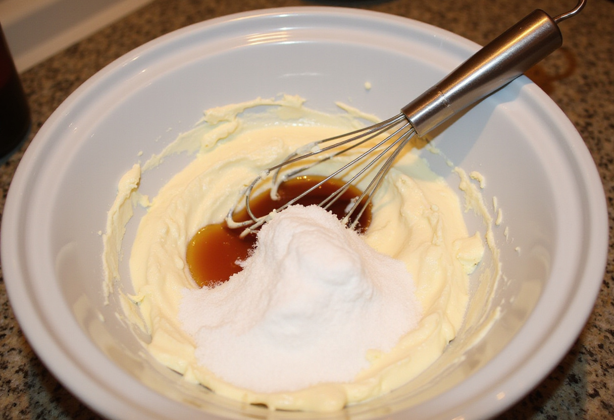 Mélange d'ingrédients pour la Tarte Au Fromage, y compris le fromage à la crÚme, le sucre et l'extrait de vanille.