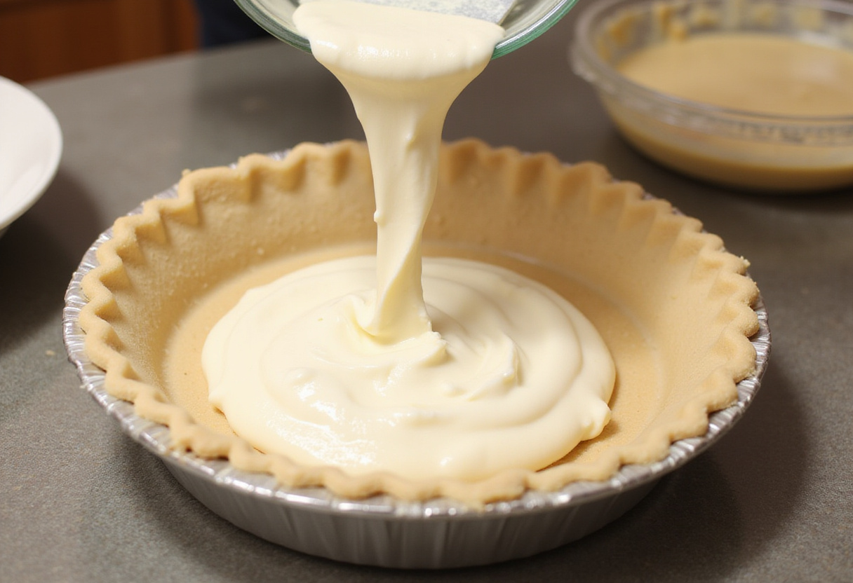 Mélange de fromage à la crÚme versé dans une croûte à tarte pour la préparation de la Tarte Au Fromage.