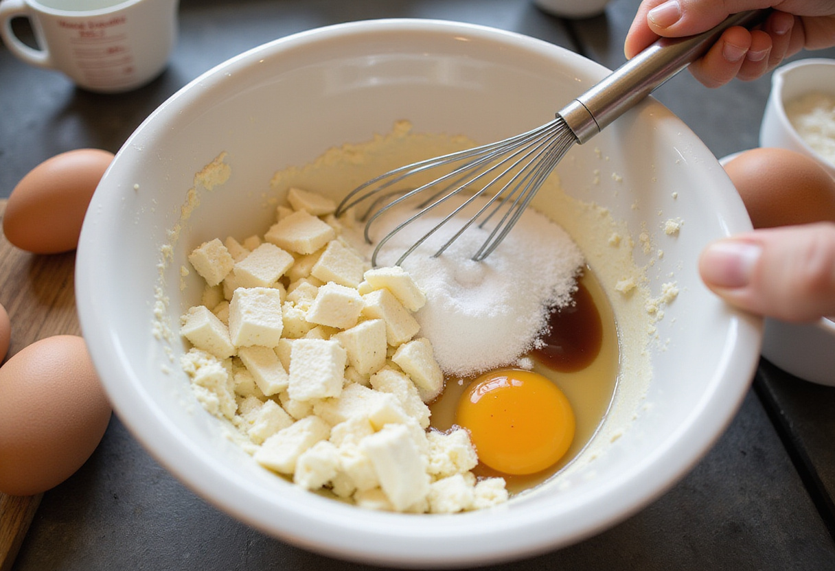 Préparation du mélange de fromage à la crème pour la tarte au fromage maison.