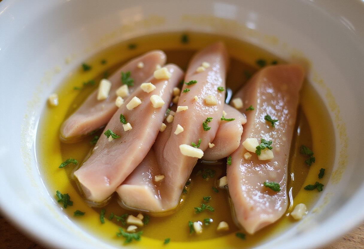 Marinade à base d'huile d'olive et d'herbes mélangée avec des aiguilletes de poulet.