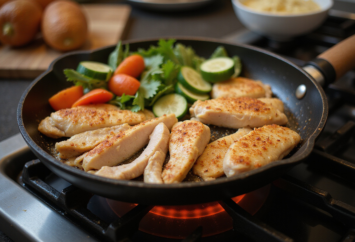 Aiguillettes de poulet en train de cuire dans une poêle sur le feu, prêtes à être servies.