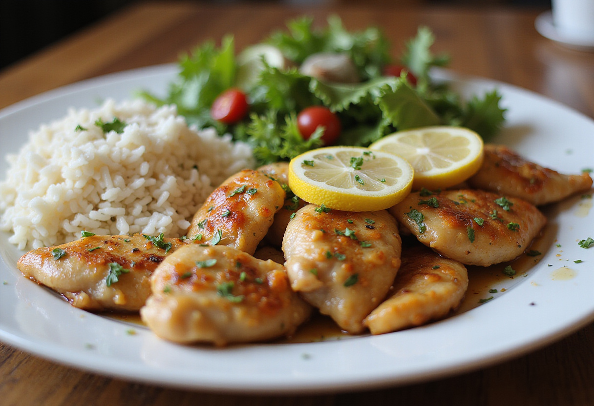 Aiguillettes de poulet cuites, accompagnées d'une salade fraîche et de riz sur une assiette.