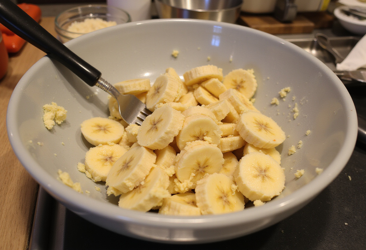 Mashed ripe bananas in a bowl for the Gâteau Banane Chocolat recipe.