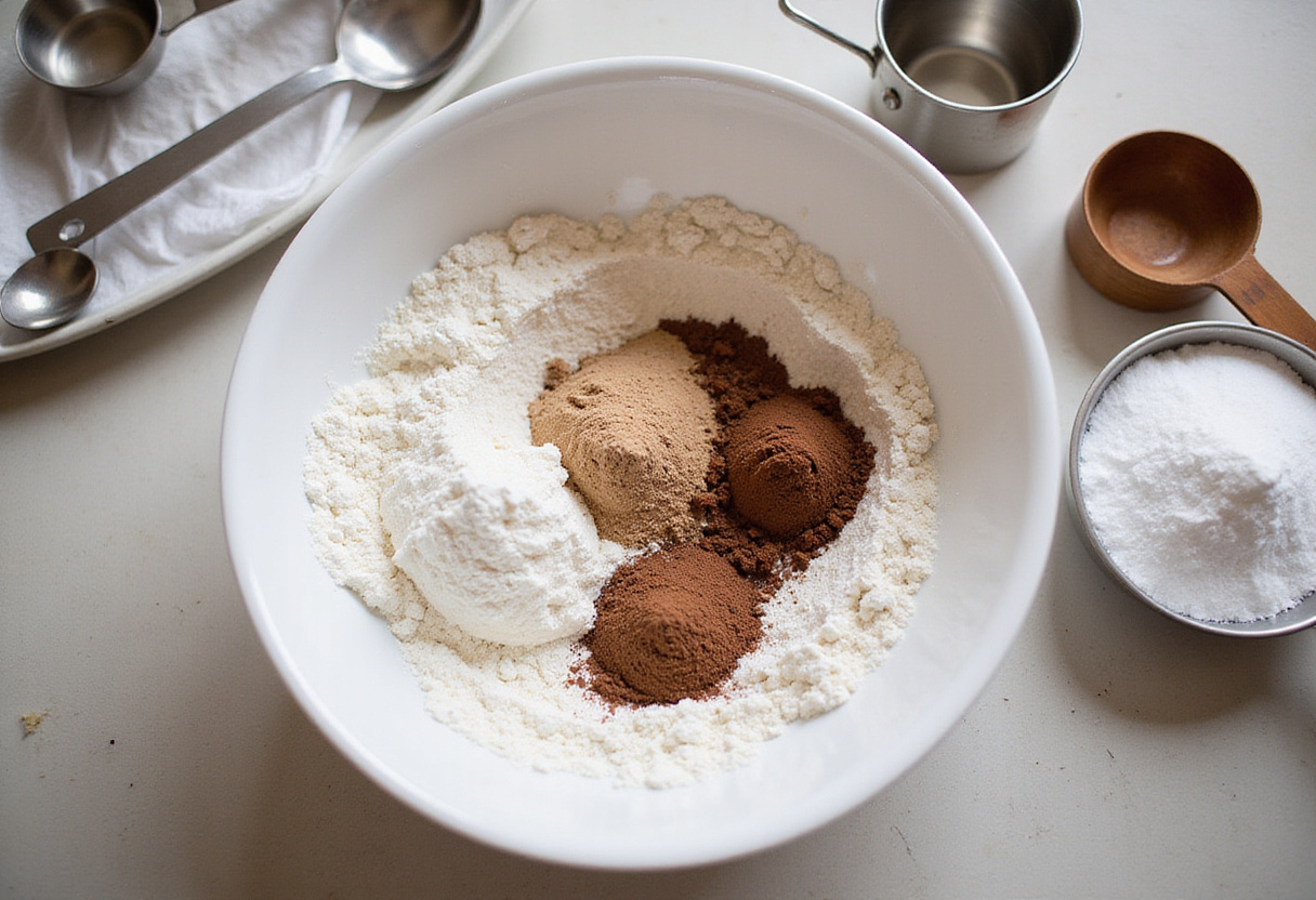 Dry ingredients mixed together for Gâteau Banane Chocolat, including flour, cocoa, and sugar.