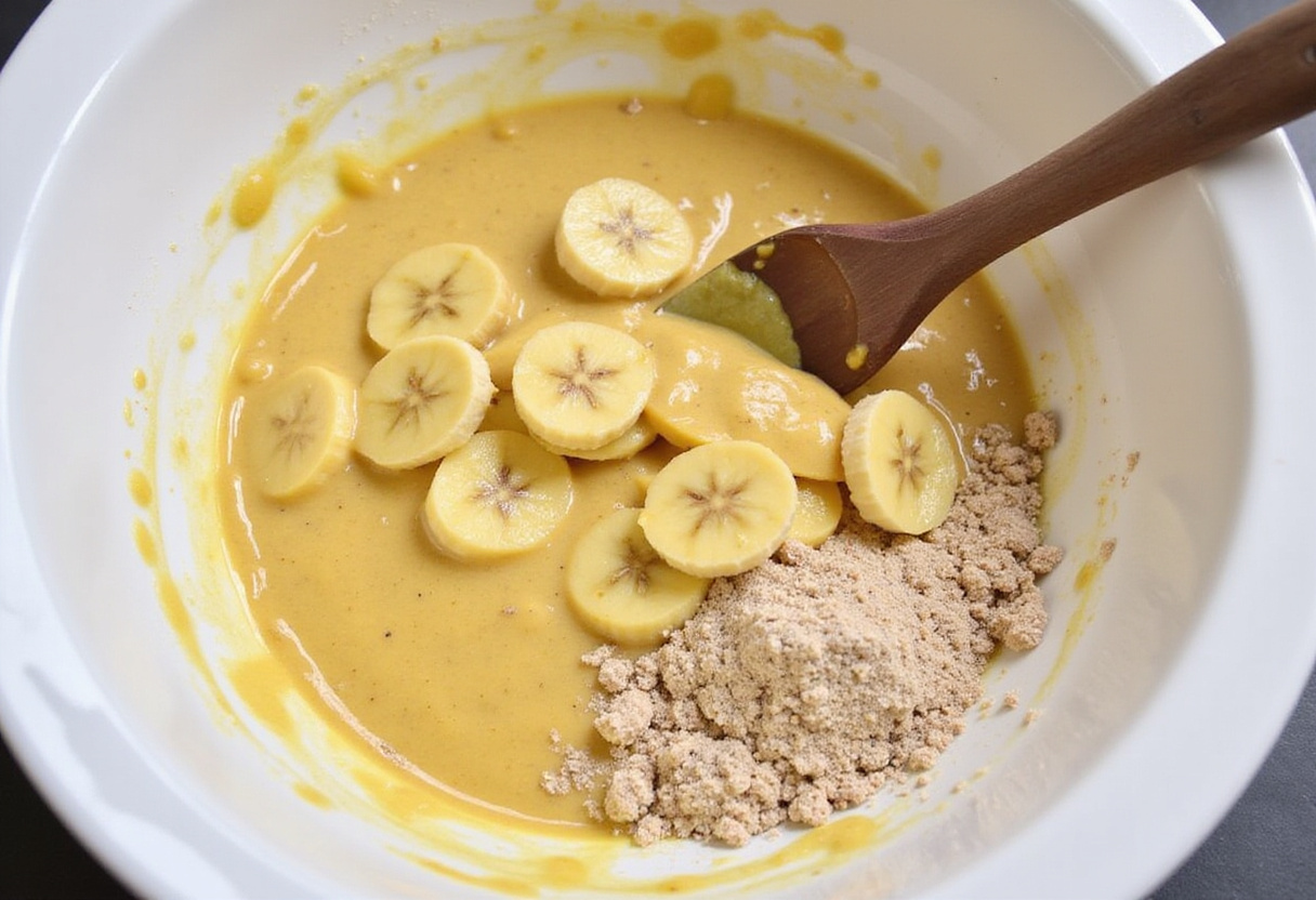 Banana batter being mixed with dry ingredients for Gâteau Banane Chocolat.