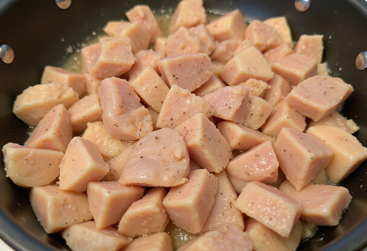 Morceaux de poulet coupés en dés et assaisonnés pour le Poulet Basquaise dans un bol.