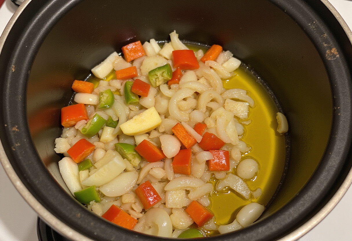 Légumes hachés sautant dans le Cookeo pour la recette du Poulet Basquaise.