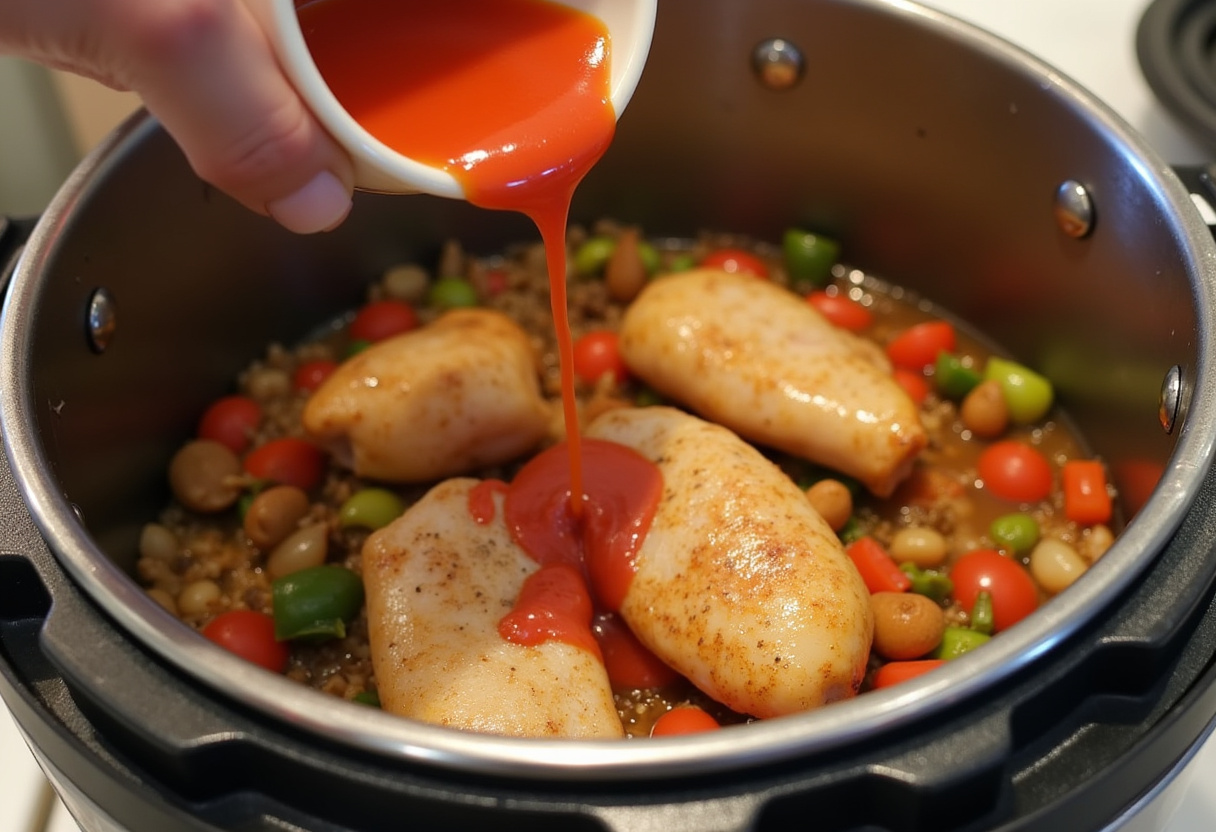 Morceaux de poulet et sauce tomate combinés dans le Cookeo pour la préparation du Poulet Basquaise.