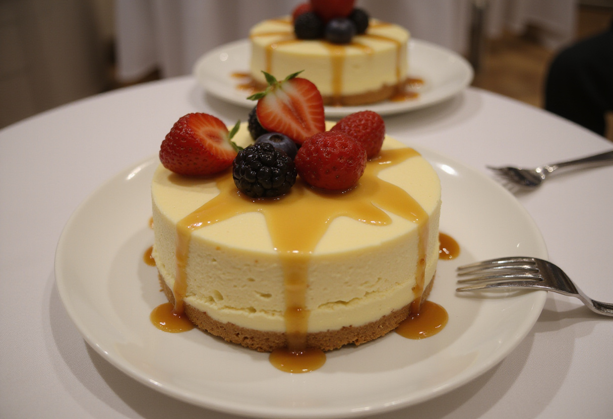 Tarte Au Fromage finie garnie de fruits frais et de sauce caramel, prĂȘte Ă ĂȘtre servie.