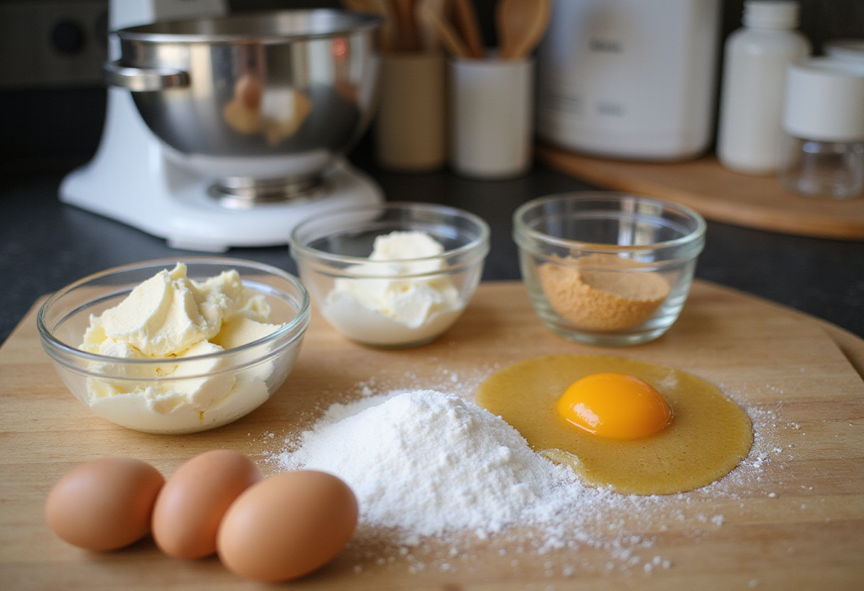 IngrĂ©dients pour Tarte Au Fromage sur un comptoir de cuisine, comprenant fromage Ă la crĂšme, sucre et Ćufs.