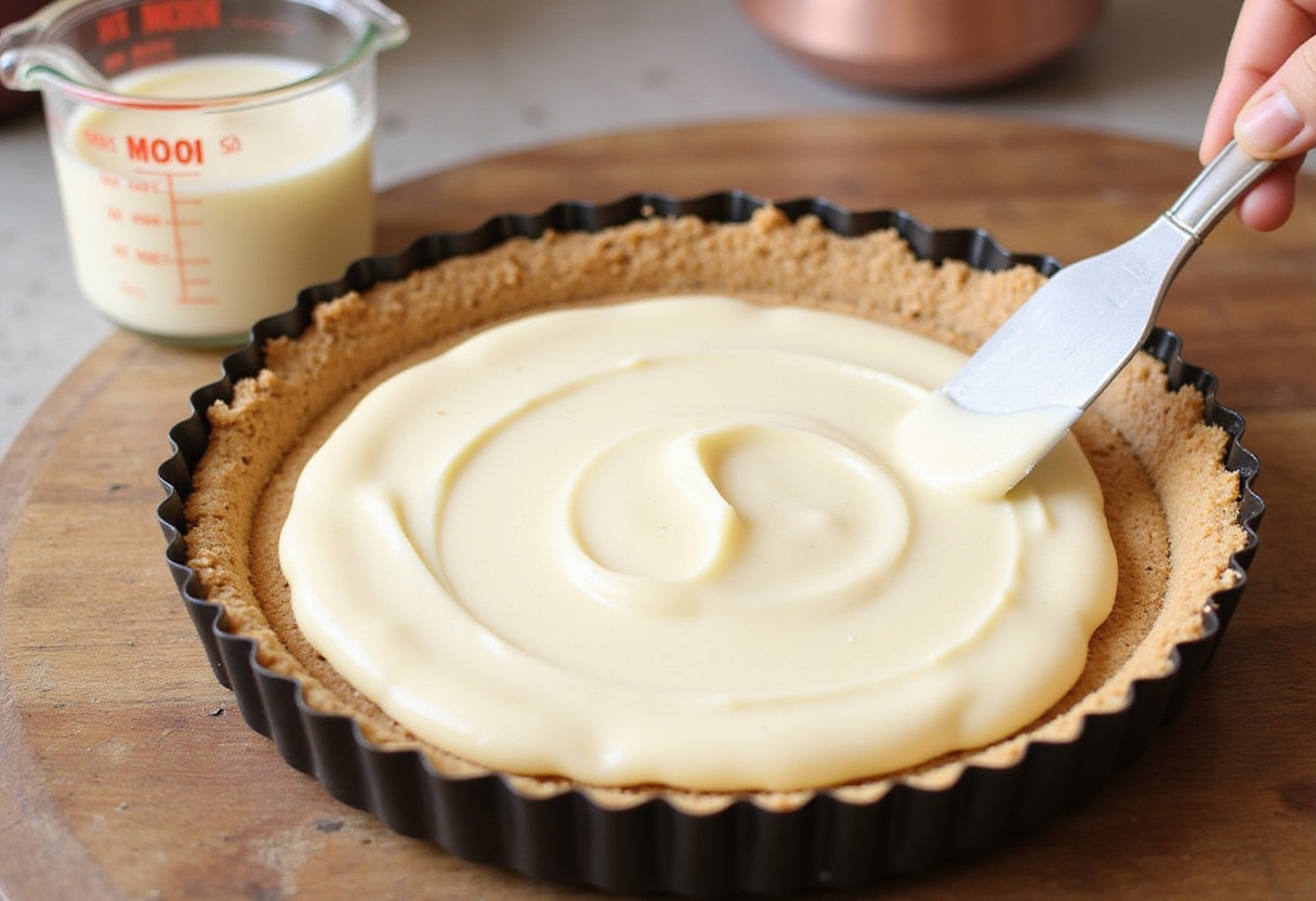 CroĂ»te de biscuit graham remplie du mĂ©lange de Tarte Au Fromage, prĂȘte Ă ĂȘtre cuite.