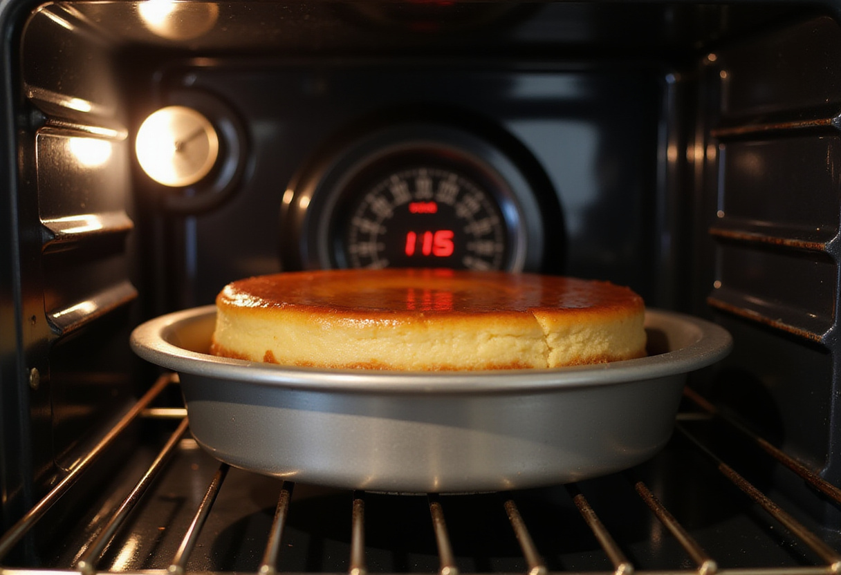 Mise au four de la Tarte Au Fromage avec un thermomÚtre pour vérifier la température.