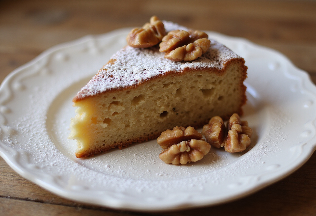 Part de gâteau aux noix parfaitement présentée avec du sucre glace, à savourer.
