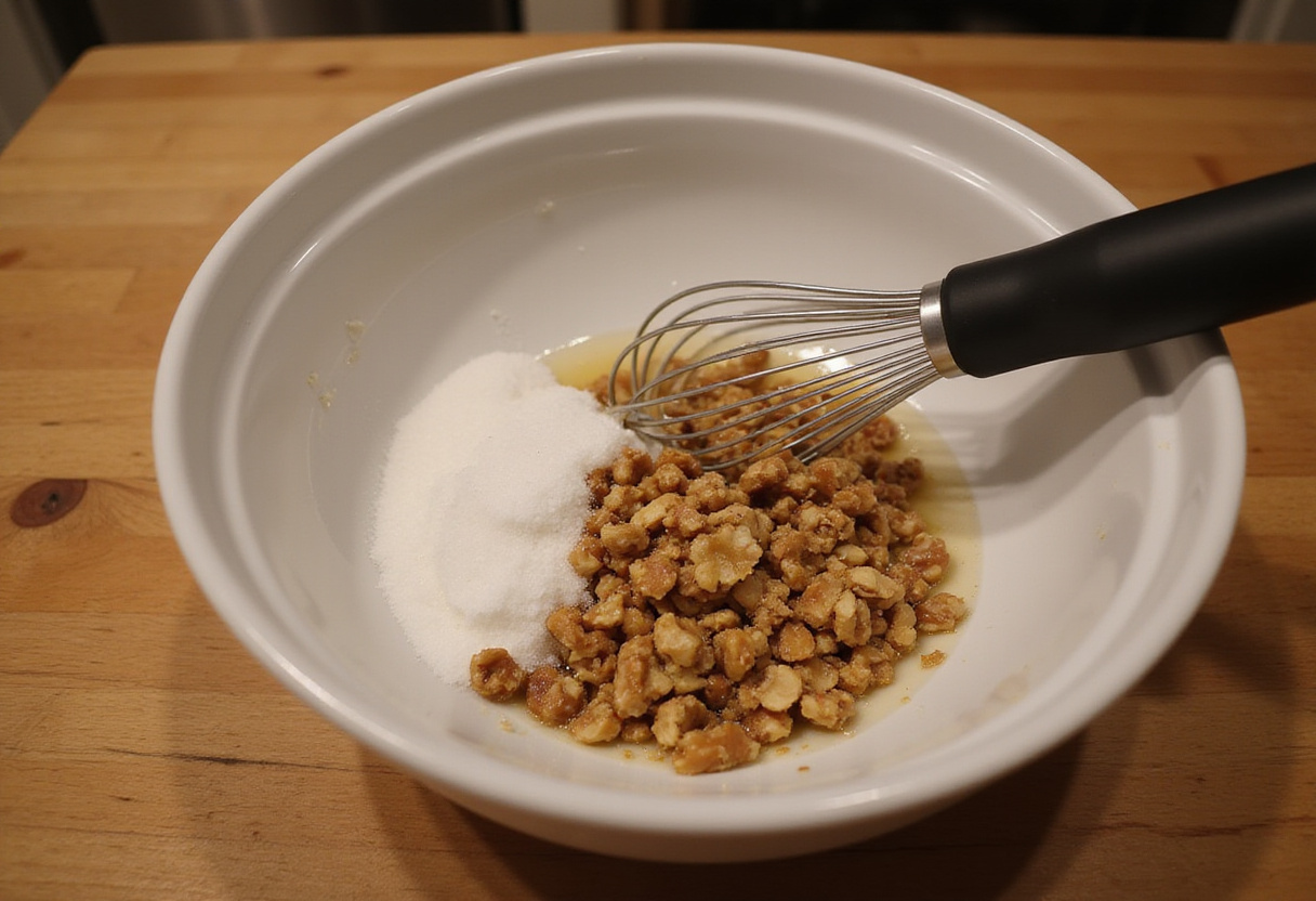 Mélange de noix hachées et de sucre dans un bol pour un gâteau aux noix unique.